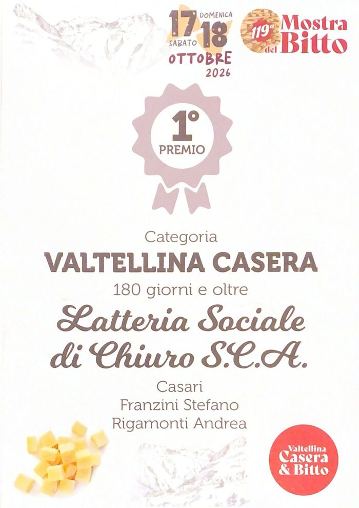 Latteria di Chiuro wins three awards for Valtellina Casera PDO at the 119th Mostra del Bitto